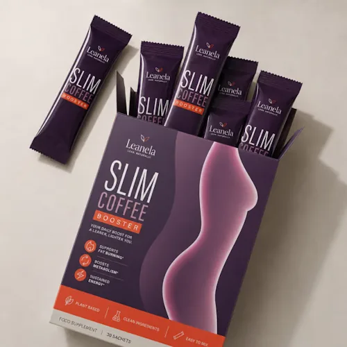 Packung Leanela Slim Coffee Booster mit lila Sachets